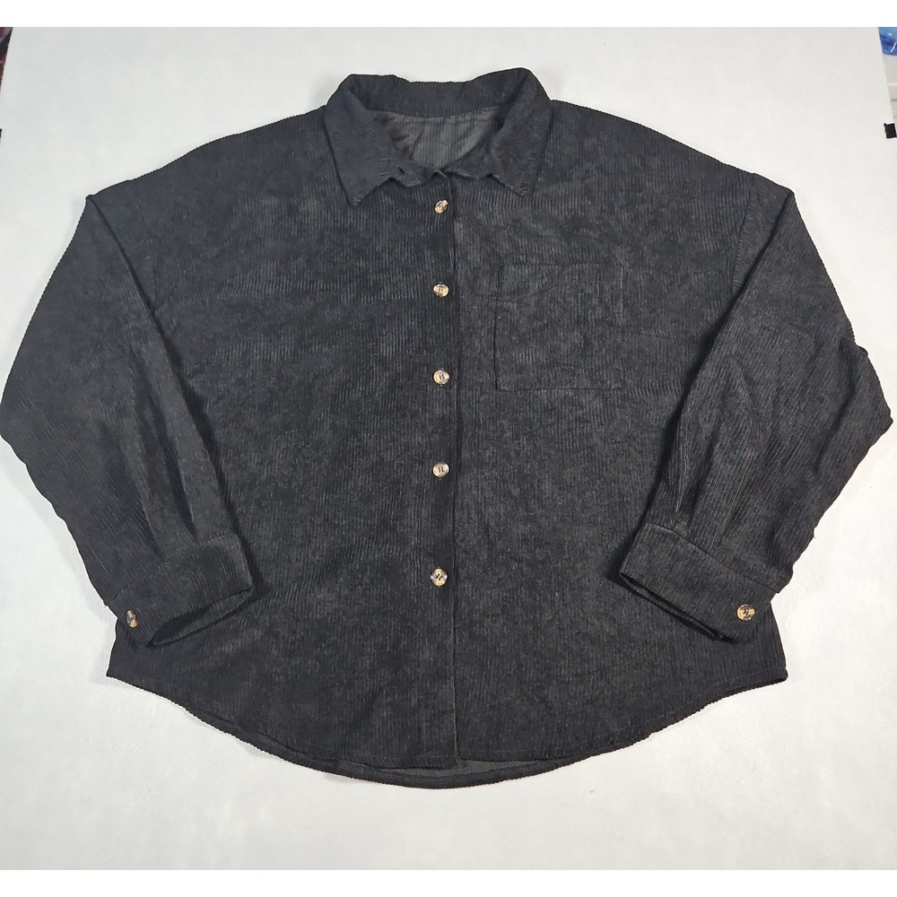 Shein Womens Black Corduroy Button Up Shacket Shirt Jacket Size Large
